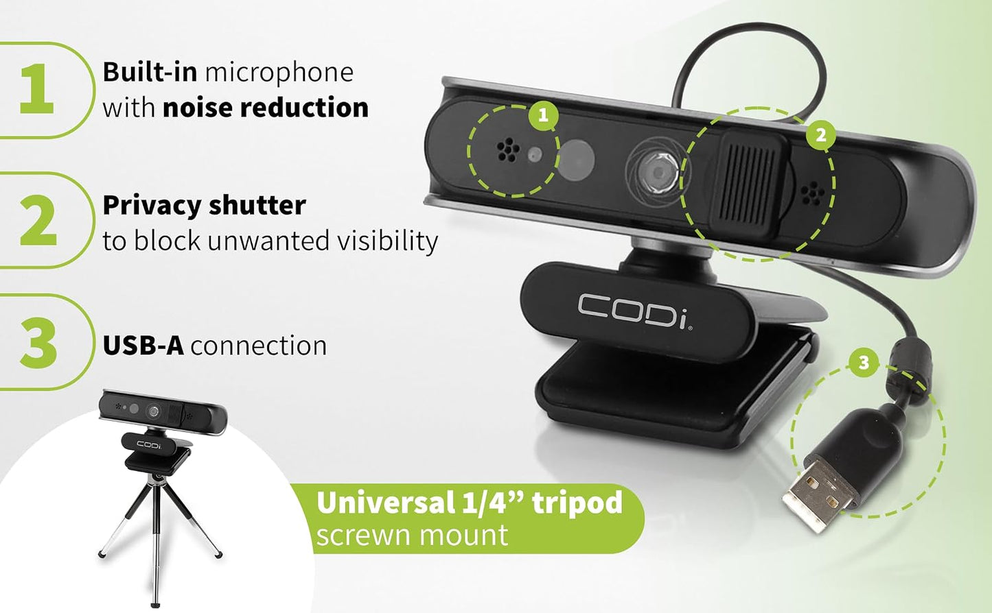 CODi Allocco HD 1080P IR Webcam with Windows Hello Facial Recognition, 30FPS USB-A Camera with Built-in Microphone, Auto Low-Light Correction for Video Conferencing &amp; Streaming