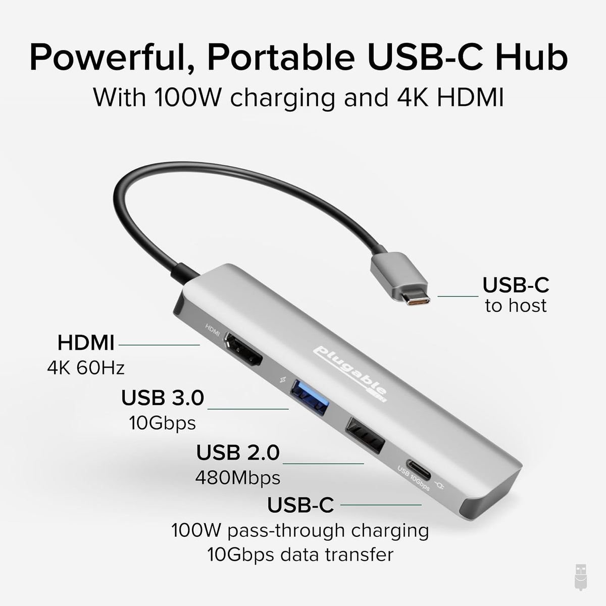 Plugable USB C Hub Multiport Adapter, 4 in 1, 100W Pass Through Charging, USB C to HDMI 4K 60Hz, Multi USB Port Hub for Windows, Mac, Ipad Pro, Chromebook, Thunderbolt (USBC-4IN1)