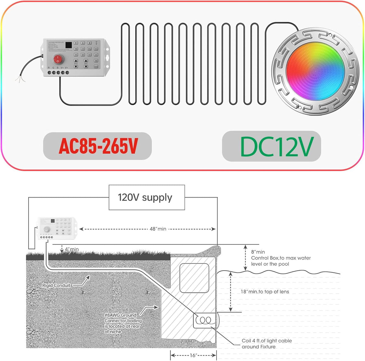 60FT 10Inch 60W Led Smart Pool Lights for Inground Pool with 3 Control Way (App/Remote/Controller), Led Color Changing Underwater Swimming Pool Light for 10" Large Wet Niches