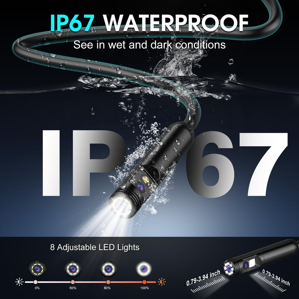 Dual Lens Endoscope Camera with Light, 1920P HD Industrial Borescope with 4.3" LCD, IP67 Waterproof Inspection Camera, 16.4FT Semi-Rigid Cable, 8 LED Lights 32GB Card, for Sewer Pipe Car Repair(Black)