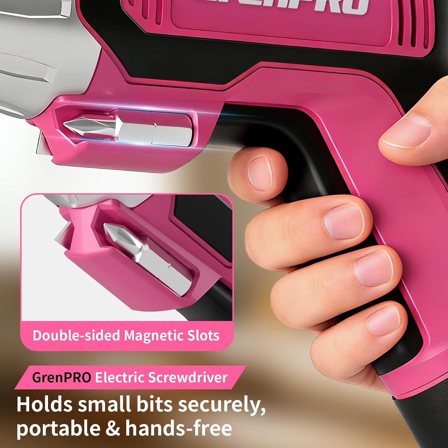 GRENPRO 4V Cordless Electric Screwdriver Set, 29-Piece, Pink | Built-In Non-Removable Battery Charges via USB, Not Sold Separately, Included Bits Support Home Repairs and Assembly