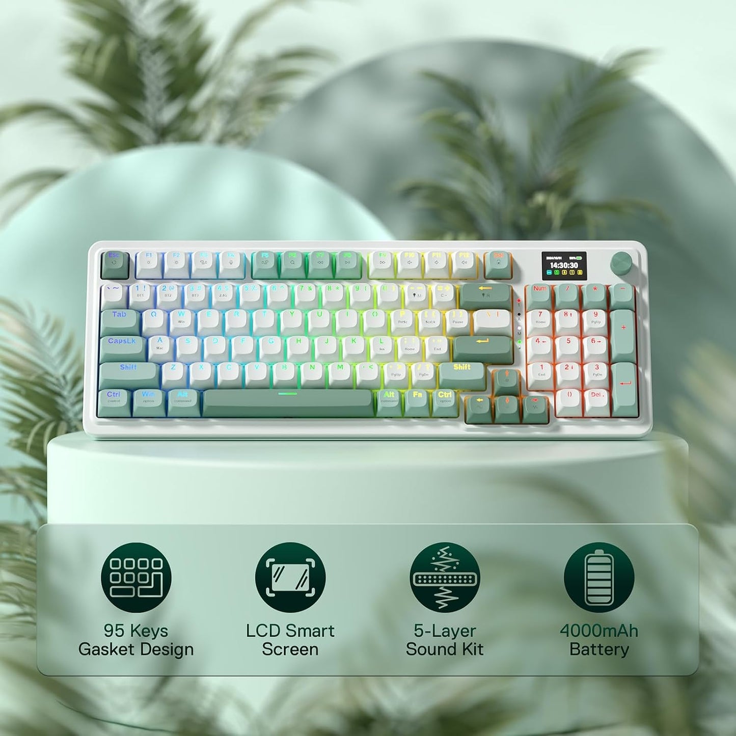 Redragon K719 PRO Wireless 95-Key Gasket Gaming Keyboard, TFT Screen & Knob | Easy-Control LED Info Display, 0-Delay Tri-Mode, Cushioned 5-Layer Noise Dampening for Creamy Thocky Sound, Practical 95 keys