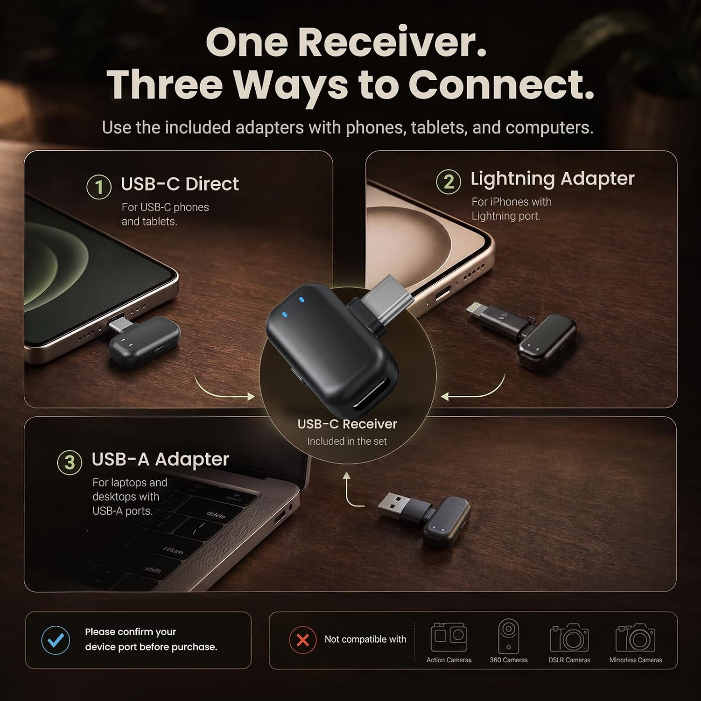 Mini Wireless Lavalier Microphone for iPhone Android Camera, Dual Channel Wireless Microphones with AI Noise Cancellation, 328ft Range, 36H Battery Case, Type-C, Lightning & USB Plug & Play