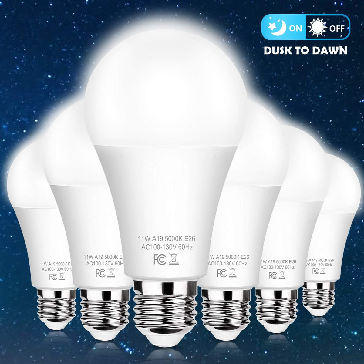 Brightever 6-Pack Dusk to Dawn LED Light Bulbs, A19 11W(100Watt Equivalent), E26 Basic Automatic On/Off, 1200LM, Daylight White 5000K Smart Sensor Lights, Outdoor for Porch Garage Yard Patio Garden