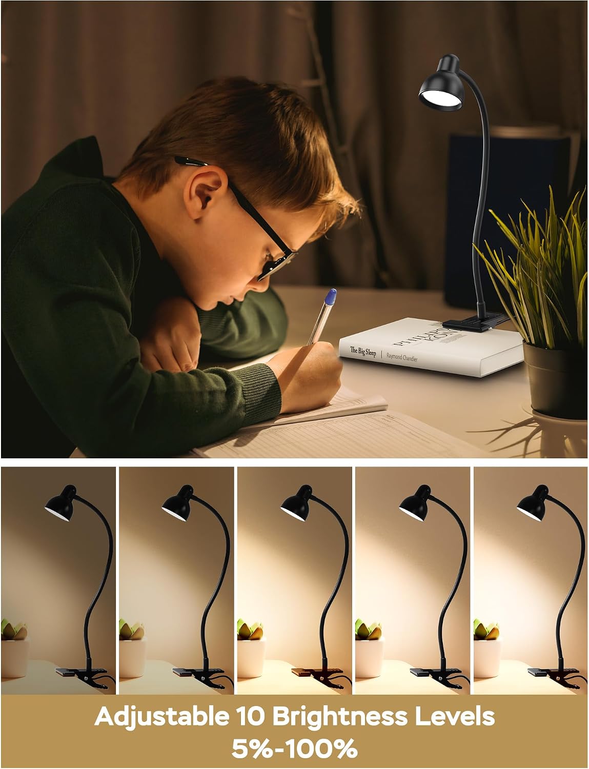 LiFMIRA Clip-on Reading Light - 3 Color Modes, 10 Dimmable Brightness,Black | Eye Care Clamp Desk Lamp with Flexible Gooseneck for Reading in Bed, Desk, Headboard, Computer