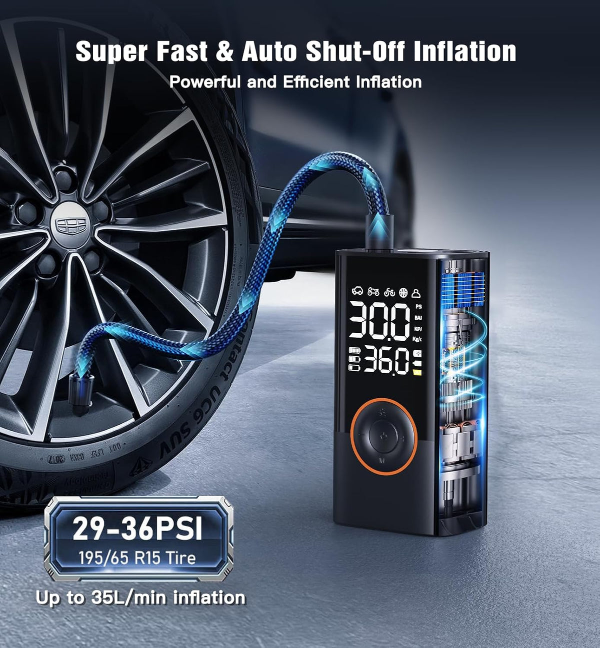 Tire Inflator Portable Air Compressor Portable Cordless Mini Air Pump with Digital Pressure Gauge Inflater 150PSI 3X Fast Inflation Auto Shutoff Large Battery Tires Pump for Cars Motors Bikes Balls