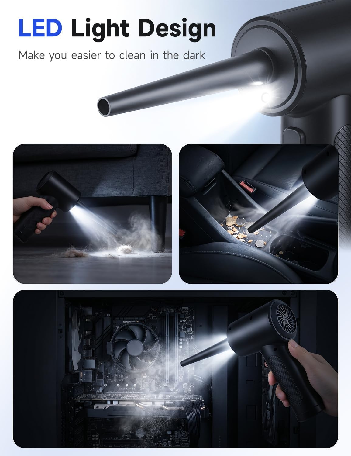 Compressed Air Duster,100000RPM Electric Air Duster for Computer Keyboard | Rechargeable Cordless Air Blower with LED Light, Fast Charge Portable Air Can for PC Cleaning
