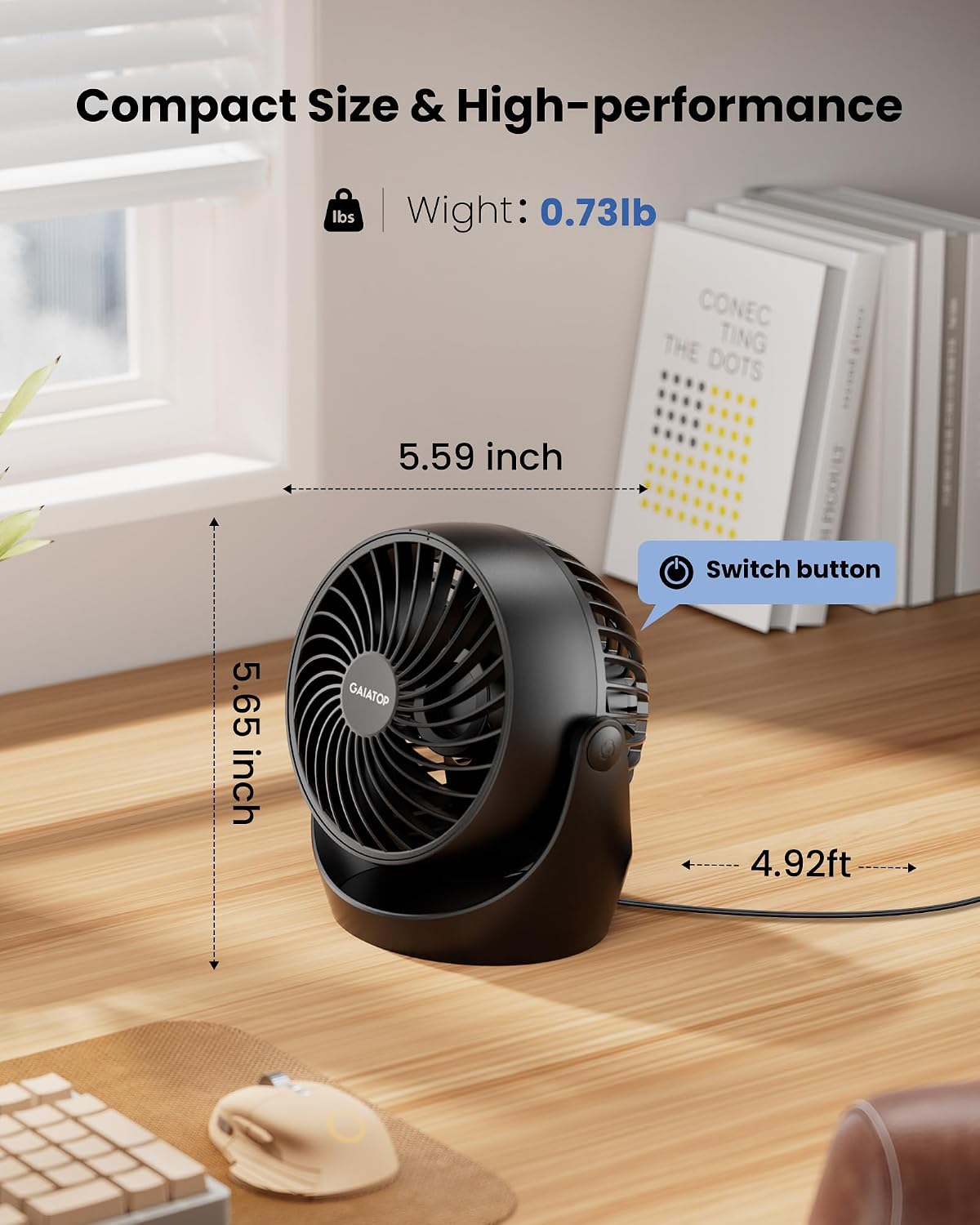 Gaiatop Desk Fan, 5-Inch Portable Electric Table Desktop Air Circulator Fan | Powerful with 3 Speed 360° Adjustable Tilt Compact Design For Cooling Home Room Bedroom Bathroom Kitchen Office