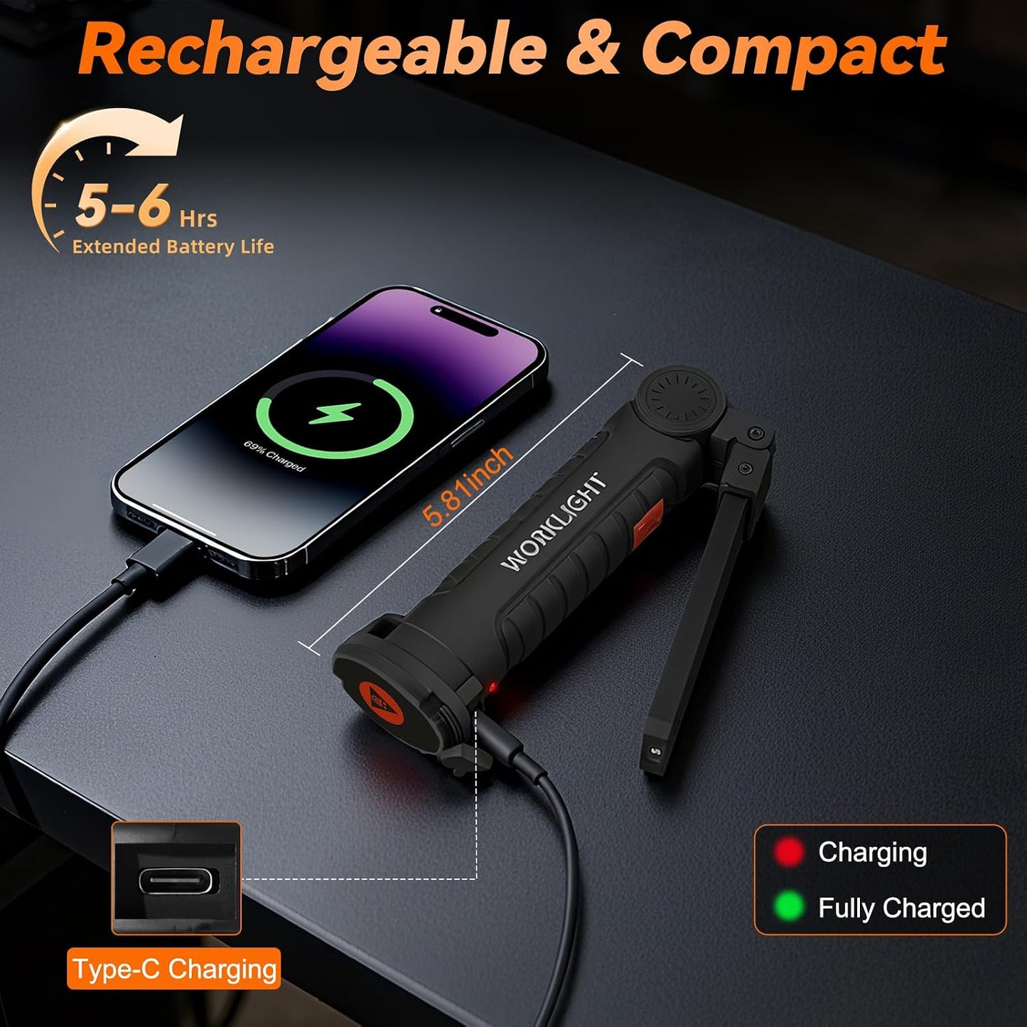 6Pack Magnetic Rechargeable LED Work Light/Flashlight for Mechanics | 360° Rotation, Super Bright, 5 Modes, Compact, Tail Hook, for Car Repairing, Garage, Emergency, Workshop, Gifts for Father