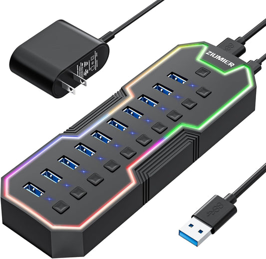 ZIUMIER Powered USB Hub, 10 Ports USB 3.0 Hub with RGB LED Strip