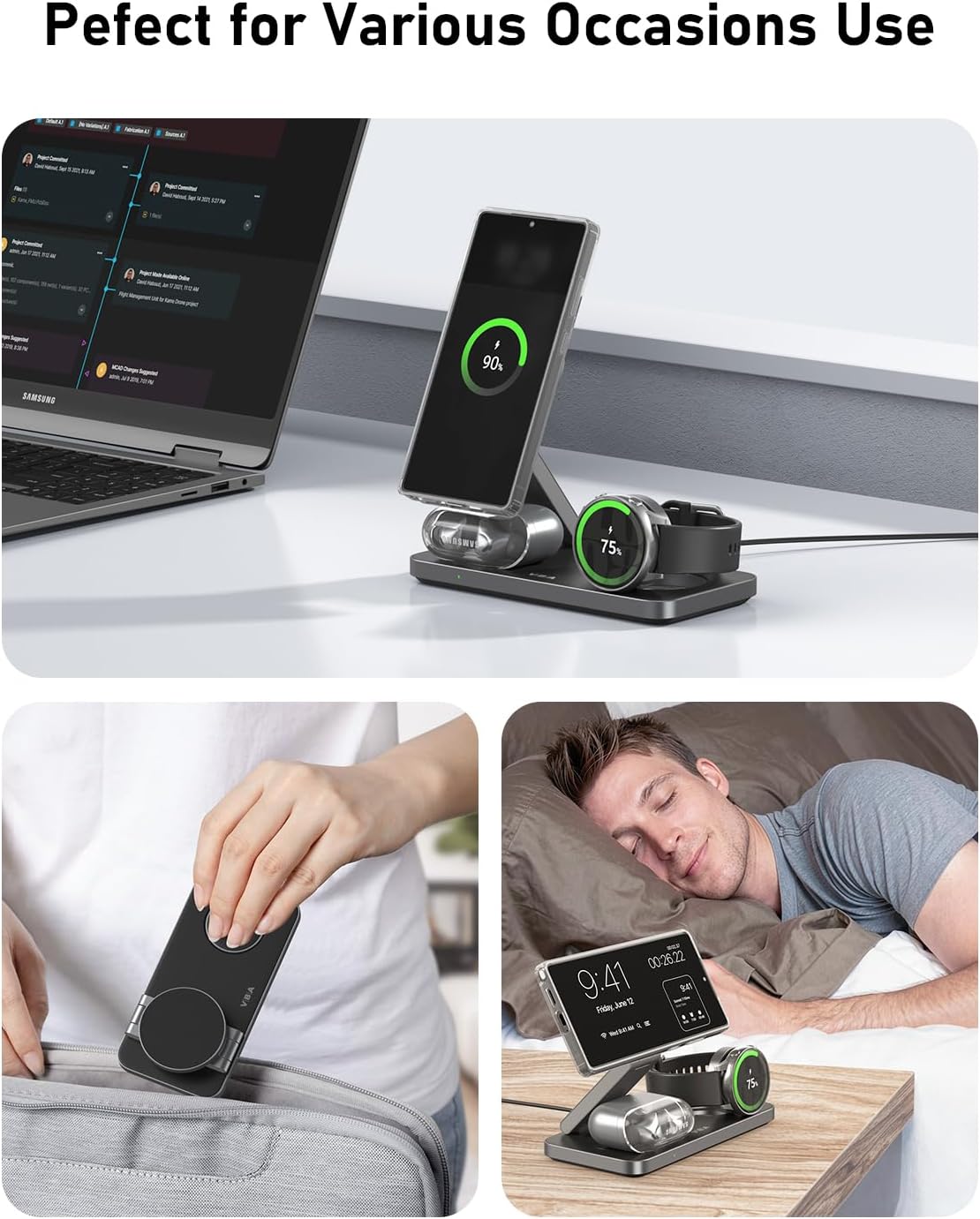 3 in 1 Foldable Magnetic Wireless Charging Station for Samsung, Wireless Charger Stand for Galaxy S26 Ultra S25/S24 /Note 20/Flip 7/Fold 7, for Galaxy Watch Ultra/8/7/6,Galaxy Buds 3/3 Pro