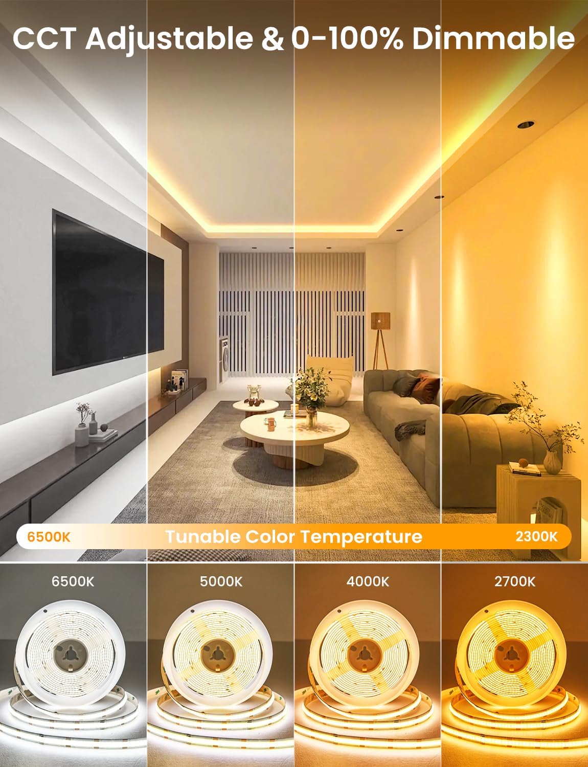 COB LED Strip Light 16.4ft, Dimmable 2300K-6500K White CCT Tunable, DC 24V Cuttable LED Tape Light, High Density 3040 LED 36W CRI 90, APP Remote Control, Music Mode, For Home DIY, Living Room, Bedroom