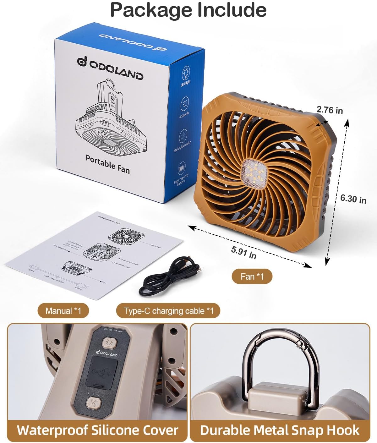 Odoland Portable Camping Fan with LED Lantern, 40H Rechargeable Battery Fan | Quiet Tent Fan with Hanging Hook for RV Car Beach Outdoor Hurricane Emergency Outages, 4-Speed Wind & 3-Color Light, Brown
