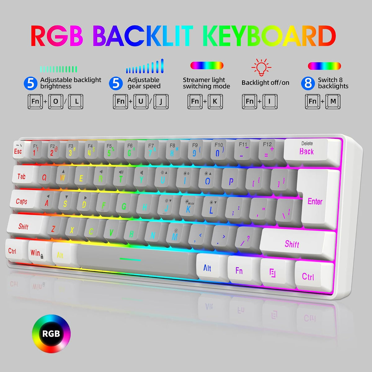 Snpurdiri 60% Wired Gaming Keyboard, 61 Keys RGB (White-Grey)