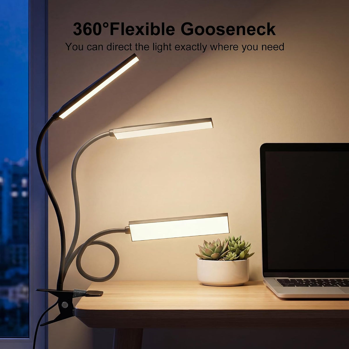 Vansuny Clip on LED Desk Lamp, Eye-Caring USB Reading Light for Home Office | 3 Color Modes,6 Brightness Levels,Adjustable Gooseneck,Sturdy Metal Clip,5W Black,Fits Dorm Bed, Monitor Side & Narrow Spaces