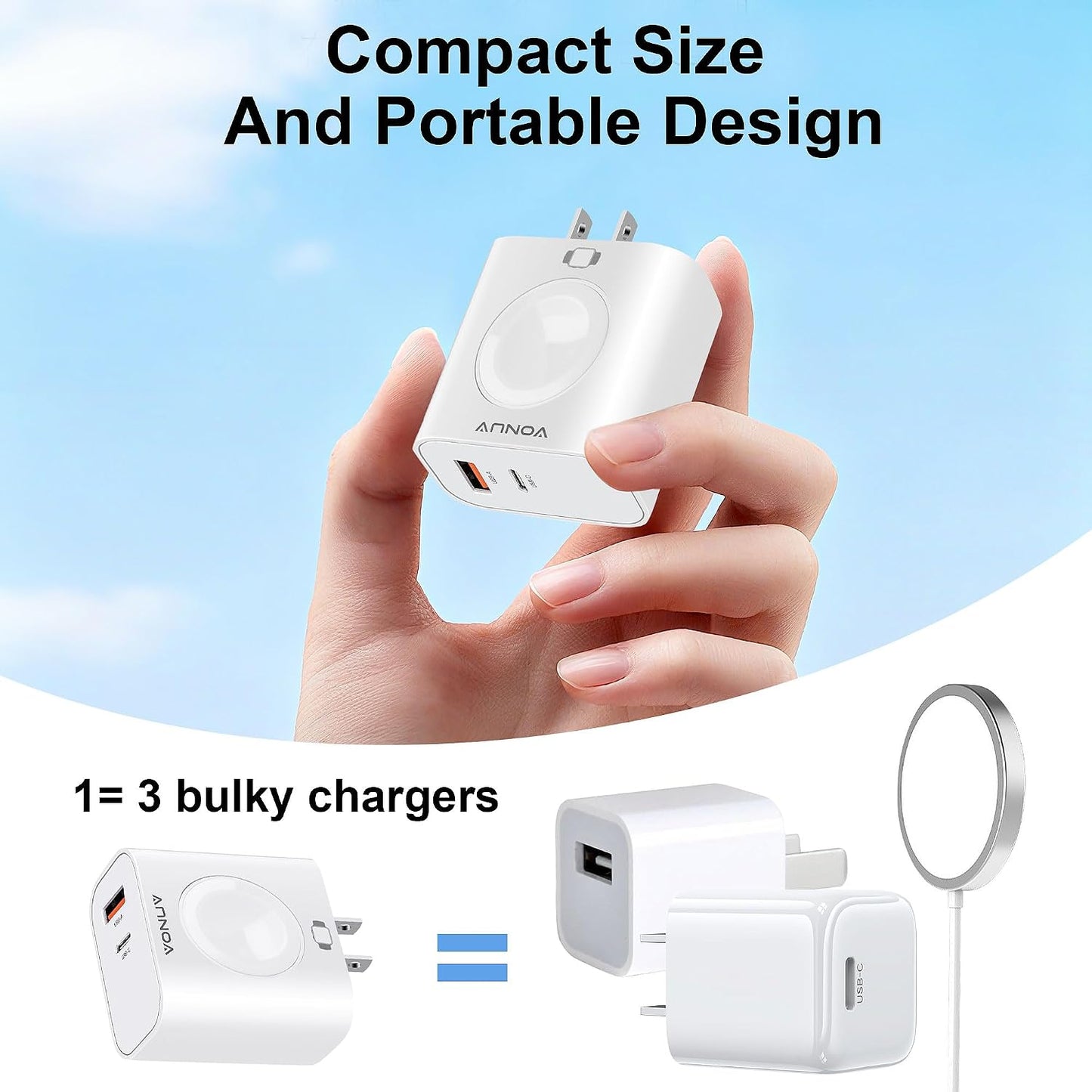 3-in-1 Adapter for Apple Watch, 20W USB C Fast Charging Block with Dual Ports & Magnetic Wireless Adapter, Portable Travel Wall Plug for iWatch Ultra/SE/11/10/9/8/7, iPhone 17/16/15/14, AirPods