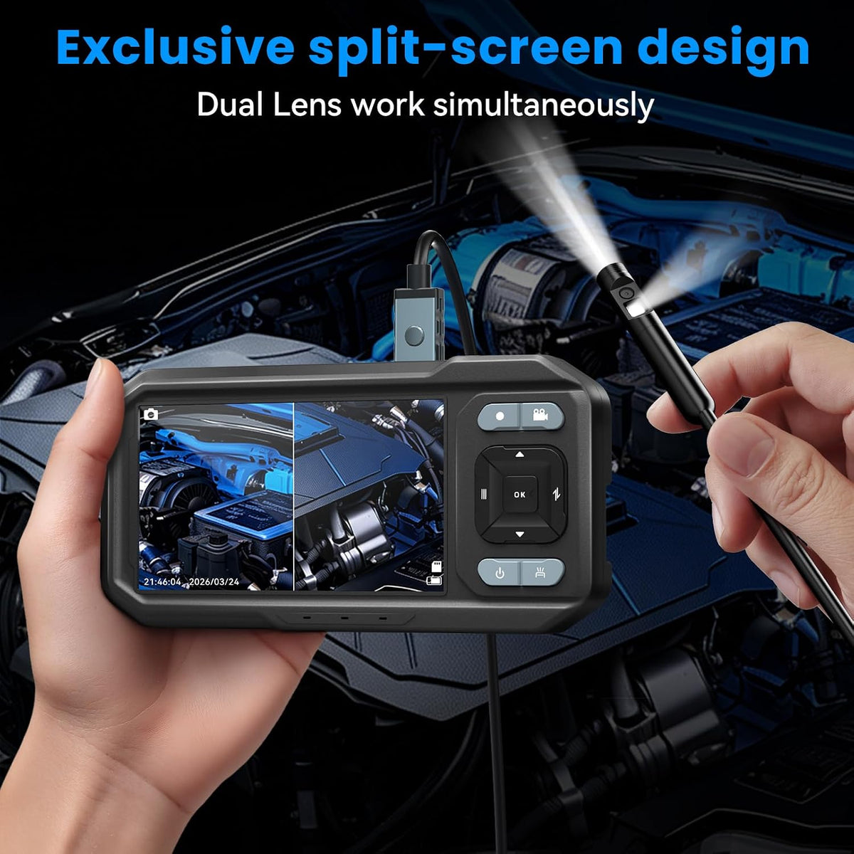 KIRFEIHT Endoscope Camera with Light, Dual Lens Borescope Camera with Light | IP67 Waterproof Inspection Camera with 32GB Card, 16.4FT Semi-Rigid Snake Cord, Android & PC Compatible for HVAC Automotive