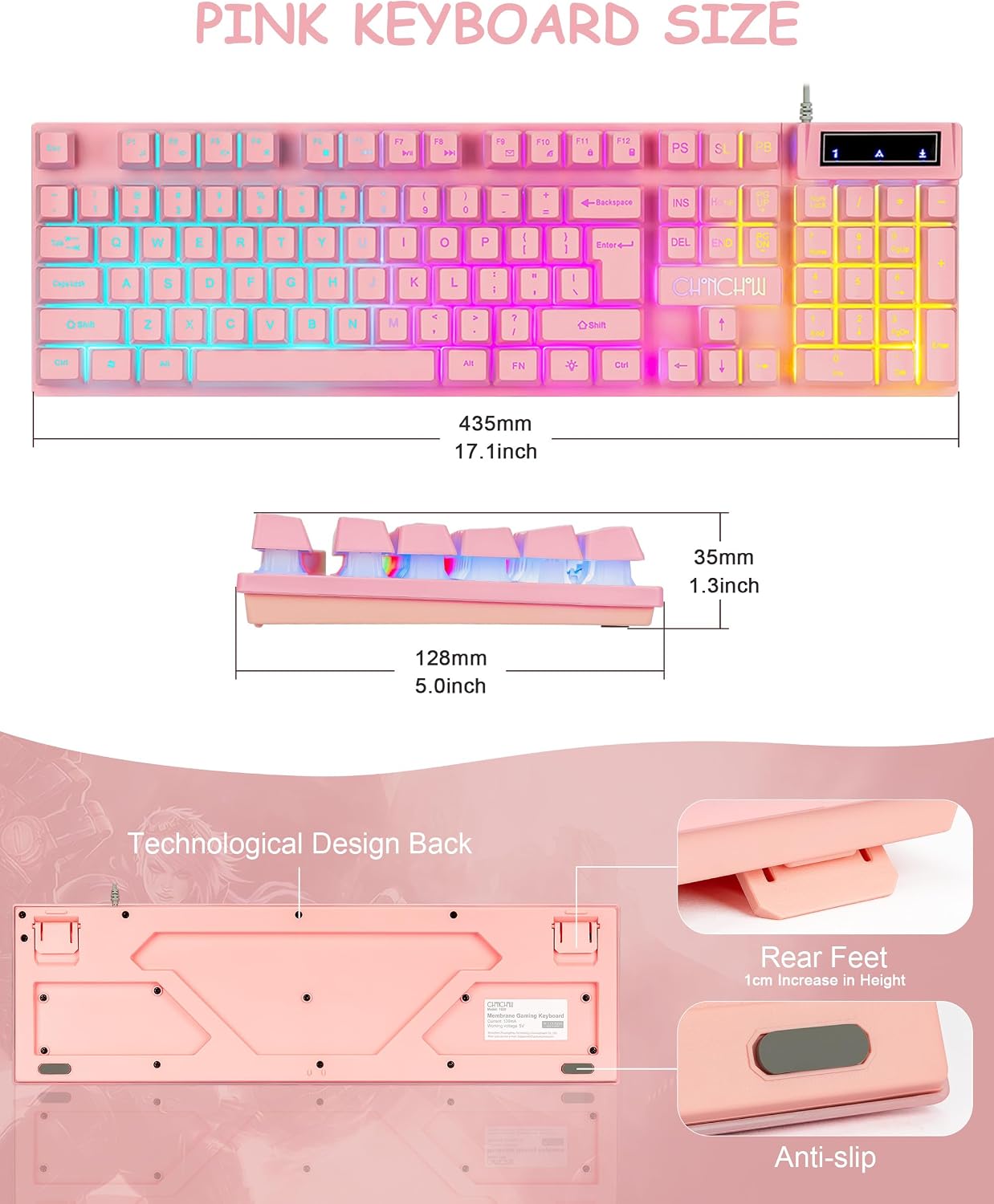 Light Up Cute Pink Gaming Keyboard, 3 Color LED Backlit for PC Computer PS5 | 19 Keys Anti-Ghosting, Multimedia Function Keys, 104 Keys Full Size, Number Pad, USB Wired Creamy Keyboard for Desktop Laptop