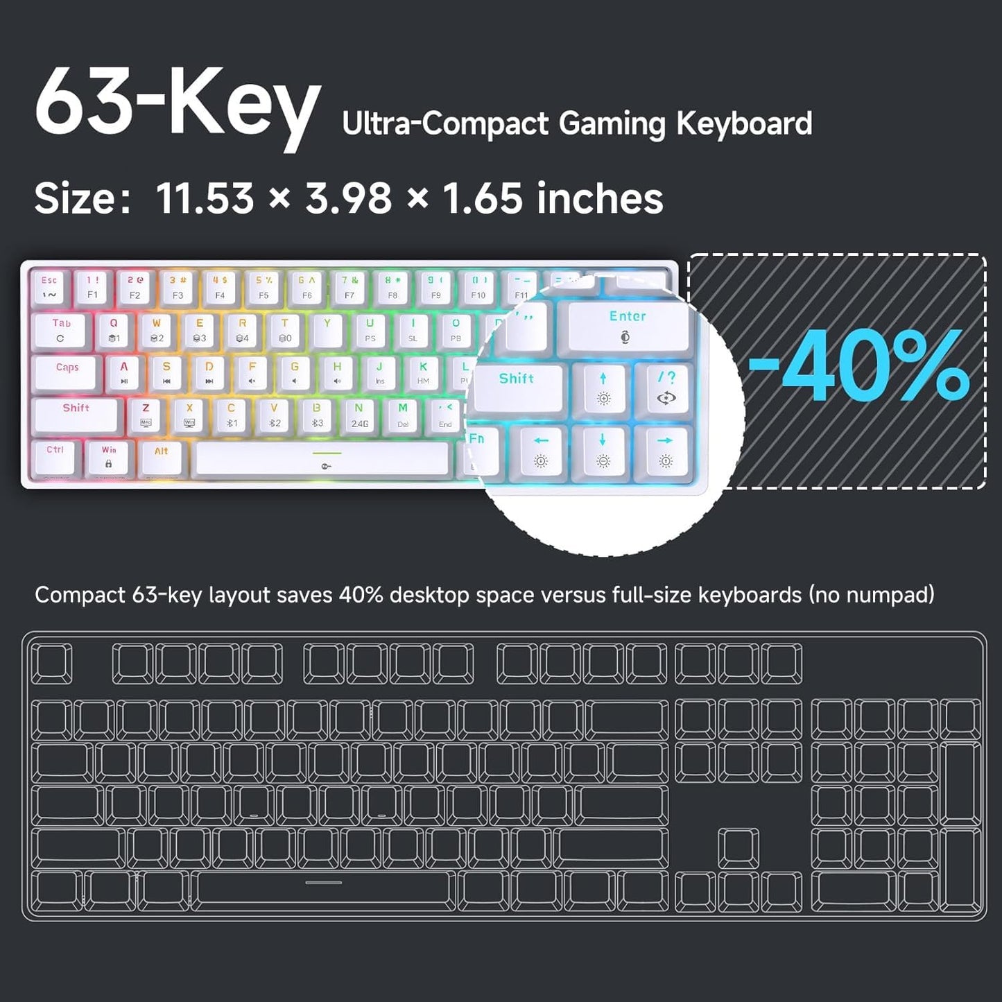 DIERYA DK63 60% Wireless Mechanical Gaming Keyboard | Bluetooth/2.4G/Wired Keyboard | RGB Backlit Compact 63 Keys Mini Office Keyboard | with Red Switch | for Windows Laptop PC Gamer Typist-White