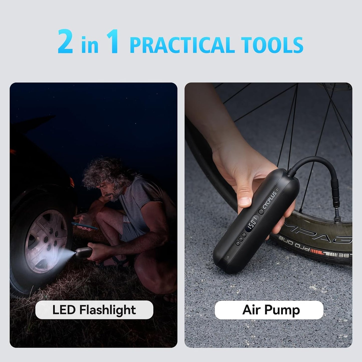 CYCPLUS Portable Electric Tire Inflator Bike Pump,150PSI Auto Off | Fast inflation, LED light, Built-in Hose, 2600mah Battery, Presta and Schrader Valve, for Car, Motorcycle, Bike and Ball