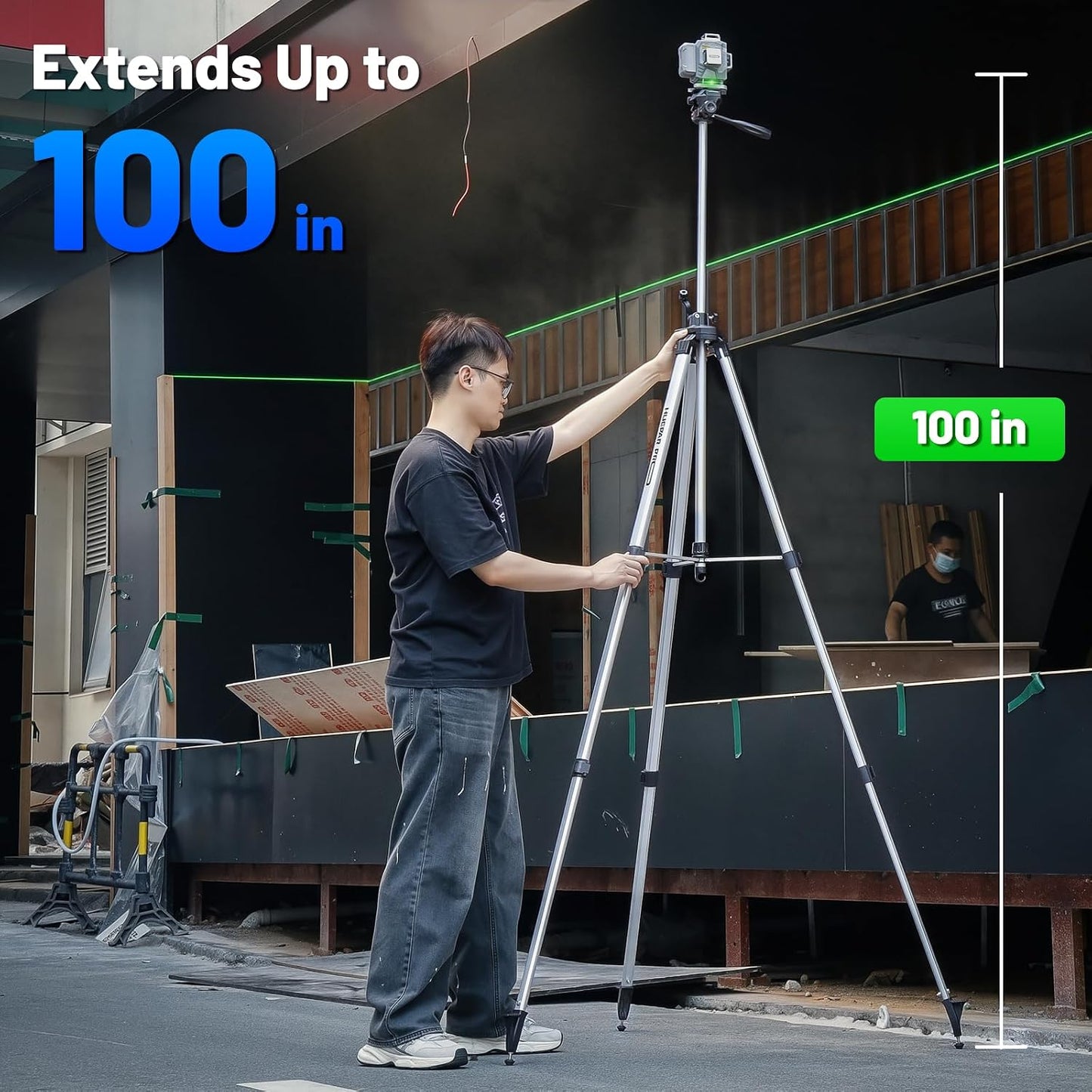 Huepar Pro PT250 100-Inch Laser Level Tripod, 1/4"-20 & 5/8"-11 Mounts | 40-100in Adjustable Height, Thickened Aluminum, Rubber/Spike Feet, 360° Pan, 90° Tilt, 5/8"-11 Adapter, Carry Bag
