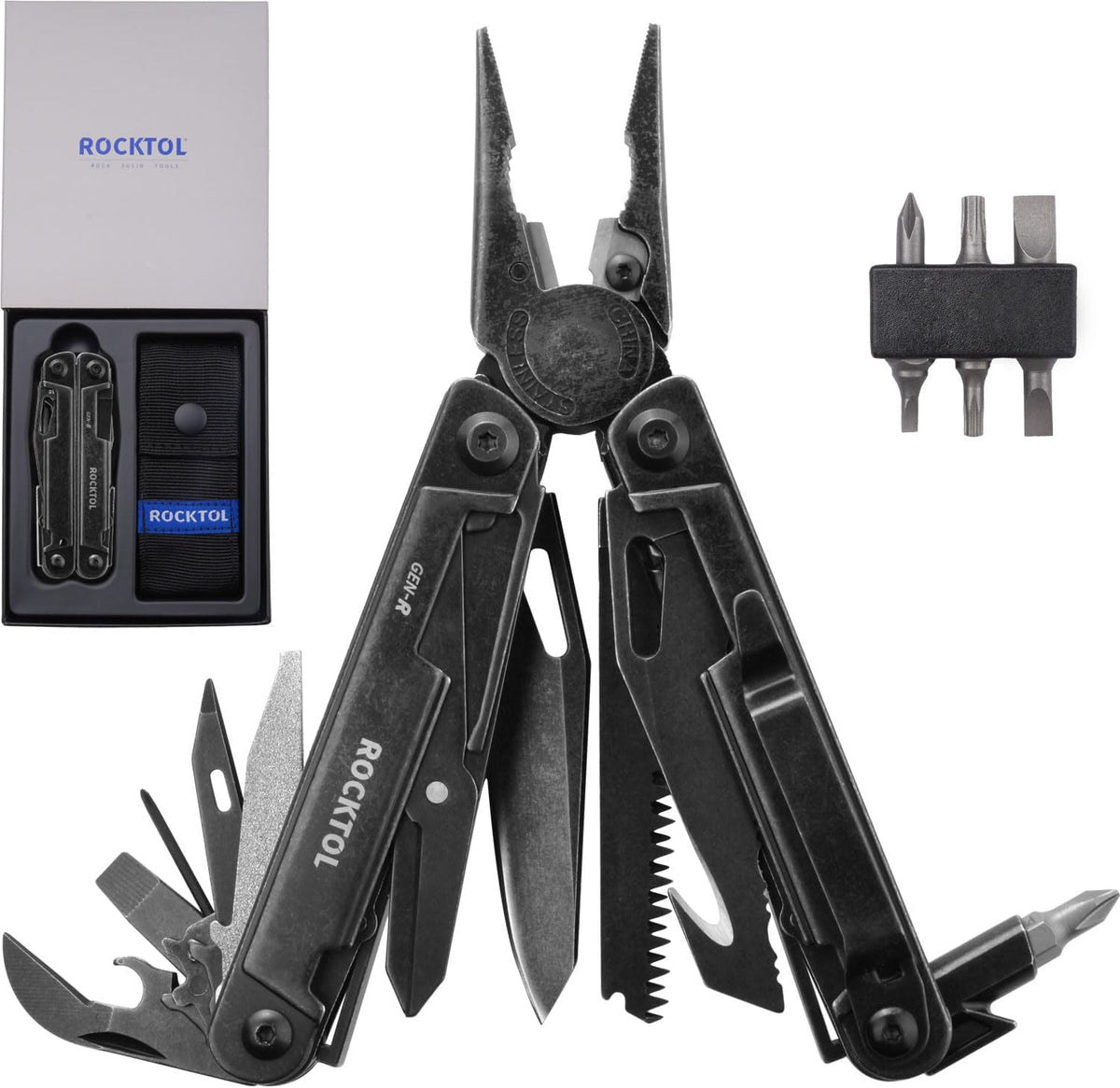 Gen-R RB Multitool Pliers, VG10 Blade, 27-in-1 Multi-tool, EDC Pocket Knife, Retro Black Finish, Precision Screwdriver, Gut Hook for Hunting, Backpacking, Hiking, Camping