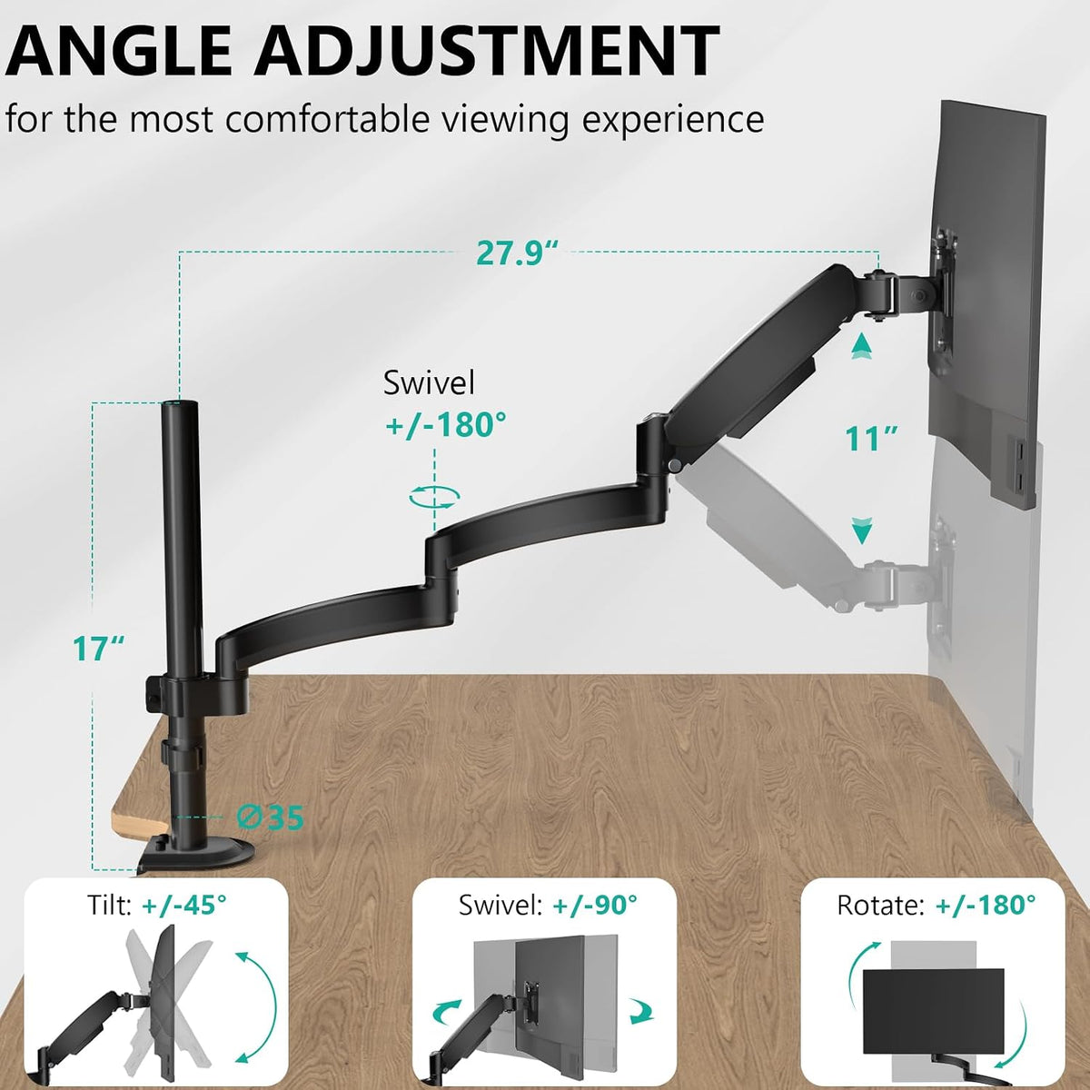 WALI Extra Long Single Monitor Arm for 13-32 inch Screens, up to 19.8 lbs