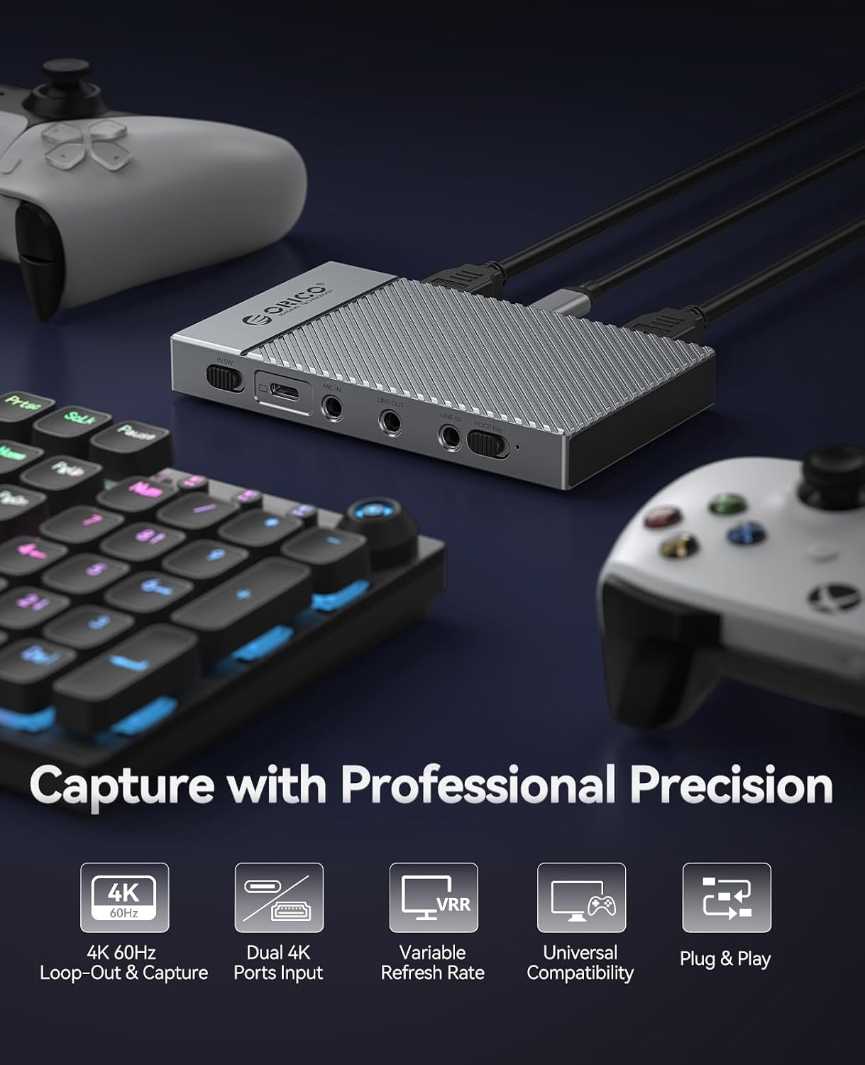 ORICO IS6 4K Portable HDMI Capture Card for Streaming, Dual 4K@60Hz Inputs, USB C Game Capture Card with Audio Ports Compatible with PS5, Xbox, Switch, OBS Recording, Works on PC, Mac, Laptop, iPad