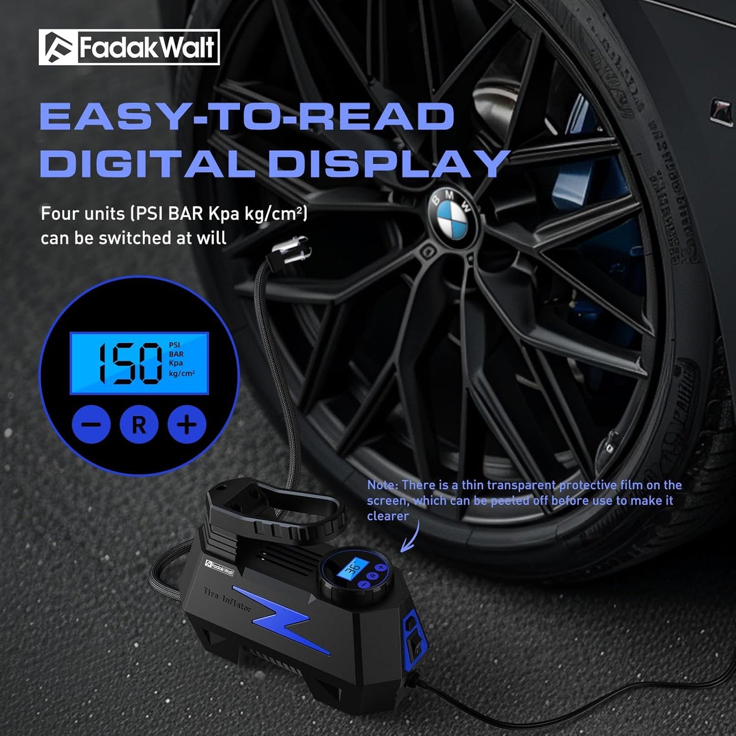 Tire Inflator Portable Air Compressor, 12V DC Car Air Pump with Auto Shutoff, 150 PSI Digital Gauge, LED Light, Metal Valve Connector, Accessories for Cars, Blue