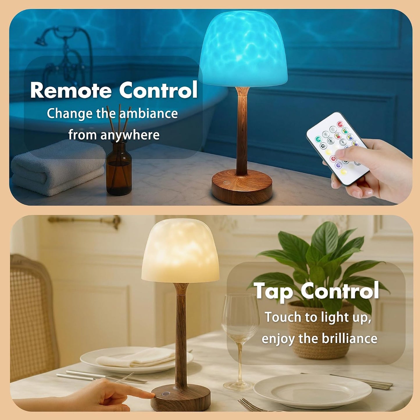Waterproof Shower Lamp, Bathroom Lamp with Ocean Wave Projector Walnut Wood | Spa-Like Rechargeable Shower Light with Remote&Touch Control Dimmable,16 RGB Color, Cordless Mood Light for Inside Showe