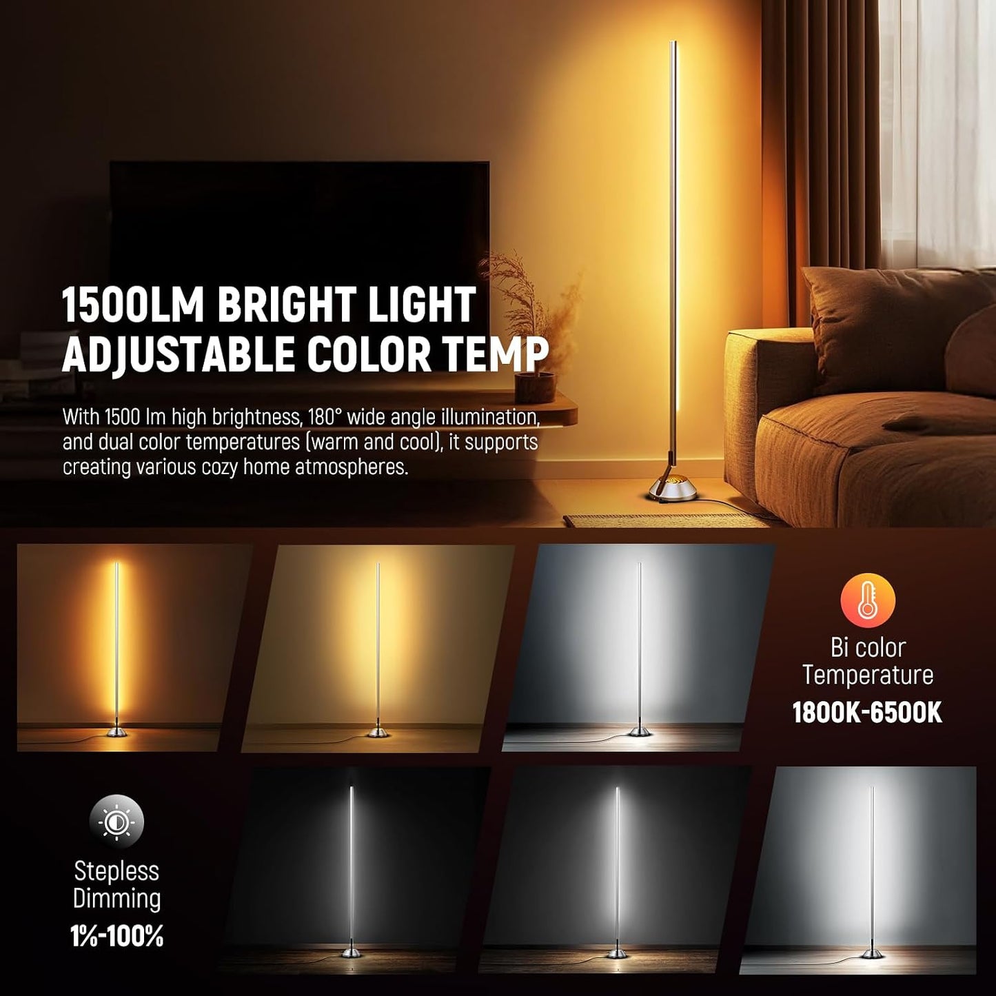 NEEWER Smart RGB IC W Floor Lamp, 1500lm LED Standing Corner Light Compatible with Alexa Google, APP Control/AI DIY/Music Sync/16 Million Colors, Ambience Lighting Bedroom Living Room Home Decor, NF01