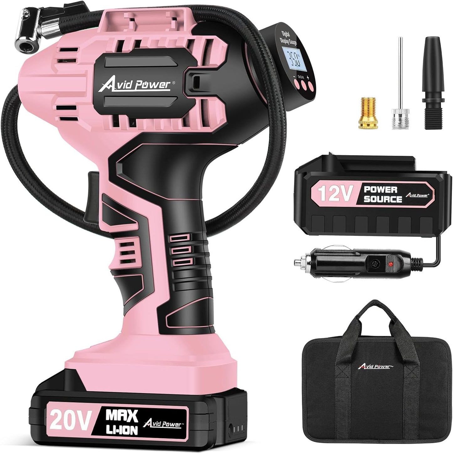 AVID POWER Cordless Tire Inflator Portable Air Compressor 20V Battery Pump | Auto Shut-Off, Rechargeable Battery & 12V DC Adapter, Digital Pressure Gauge, Fast Inflation for Car, Motorcycle, Bike, Ball