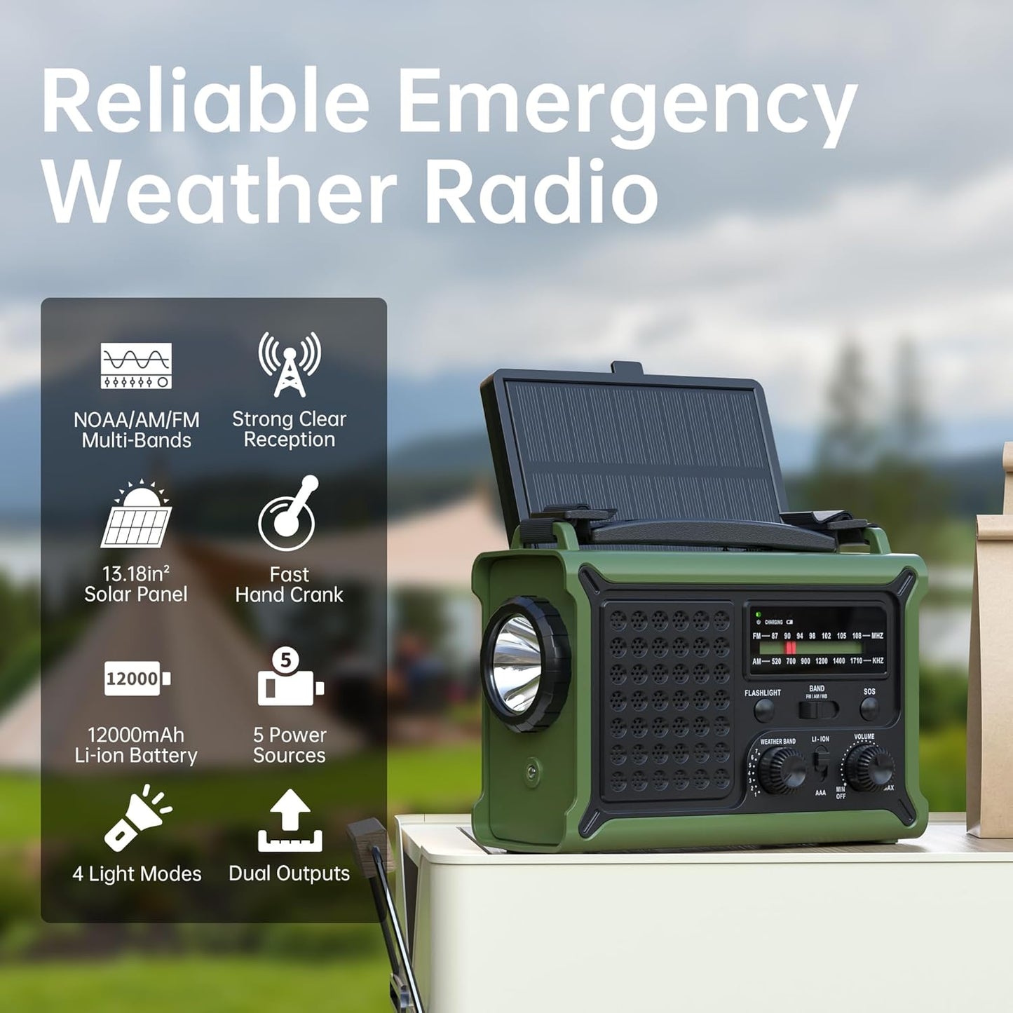 Solar Radio Emergency Hand Crank 12000mAh with Clear Signal | AM FM NOAA Weather Radio Battery Operated with 2-Mode LED Flashlight Cell Phone Charger Dual Outputs SOS