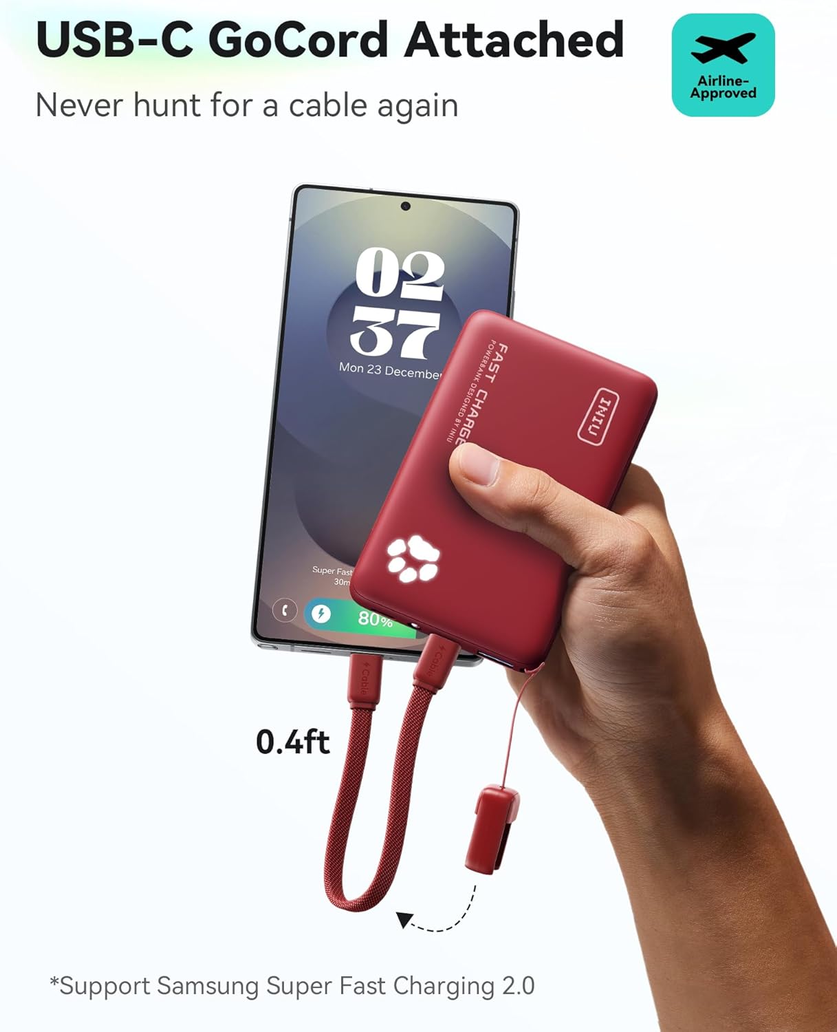 INIU 45W Fast Charging Portable Charger, Smaller 10000mAh Travel Power Bank | Flight-Safe, Detachable USB C Cable, Travel Essential, External Battery Phone Pack for iPhone 17 Samsung S26 iPad etc, Red