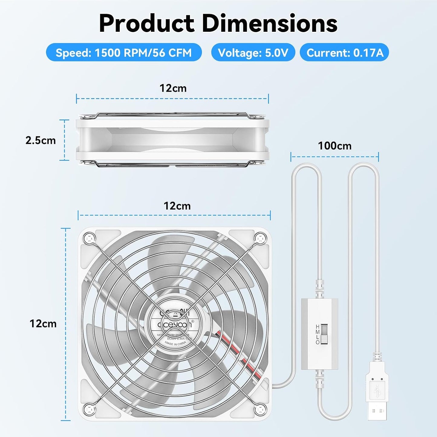 aceyoon 120mm USB Fan, 5V Computer Cooling Fan with Speed Control Portable Mini USB Fan for Laptop Receiver DVR Xbox TV Box Computer Cabinet Cooling, White