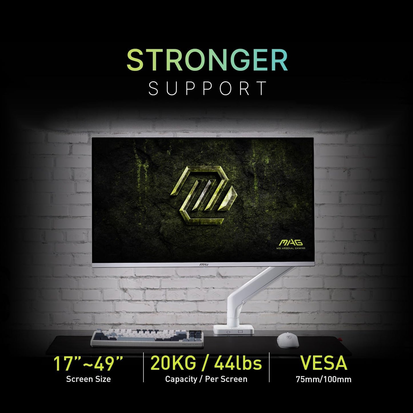 MSI MAG MT201W - Premium Heavy Duty Single Monitor Stand Arm, Supports 17-49" and 44 lbs, VESA Compatible, Adjustable Spring Assisted Mount, Clamp & Grommet, Quick Release Plate - Black