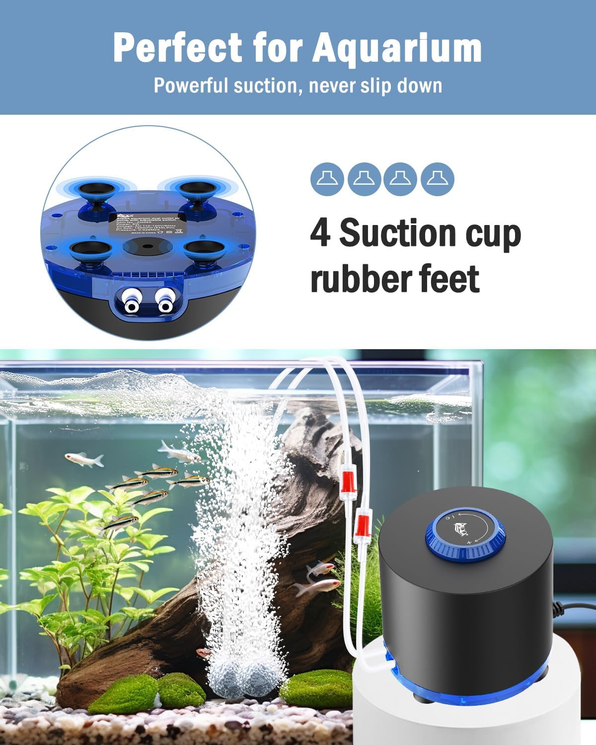 AQQA Aquarium Air Pump, 3W Powerful Dual Outlet Adjustable Oxygen Aerator | Quiet Operation, Stainless Steel Outlet Fish Air Pump, Adjustable Air Flow with Air Stone Bubbler, for Up to 80 Gallon Tank