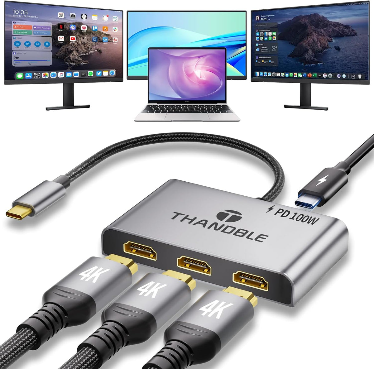 USB C to 3 HDMI Adapter with PD 100W, 4K60Hz HDMI Splitter Extended Display