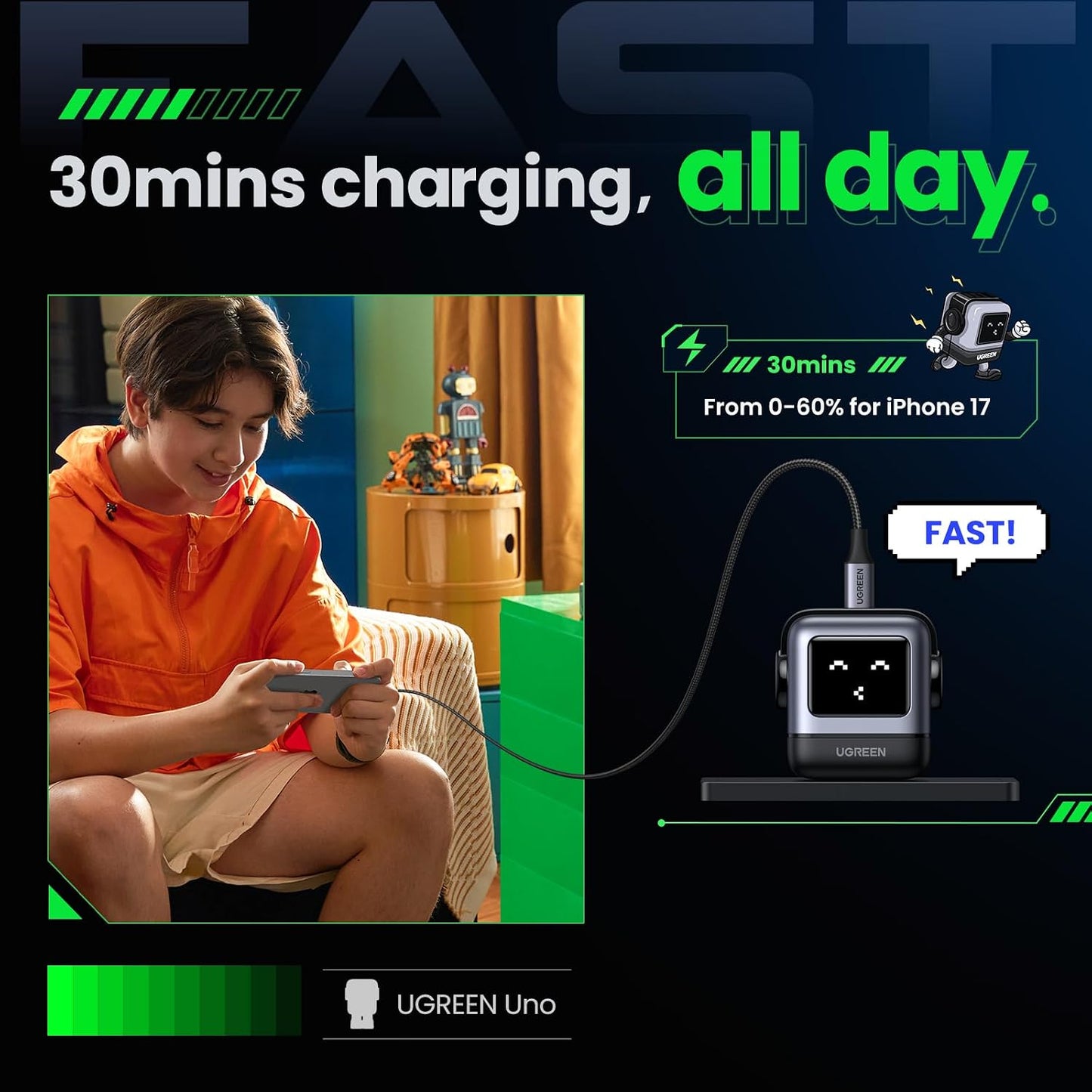 UGREEN Uno 30W USB C Charger Block, Compact Robot GaN Fast Charger for iPhone 17, Gifts for Women Men, Compatible with iPhone 17/16/15, Galaxy S26/S25/S24, Pixel 10/9/8, iPad, MacBook Neo/Air, Black