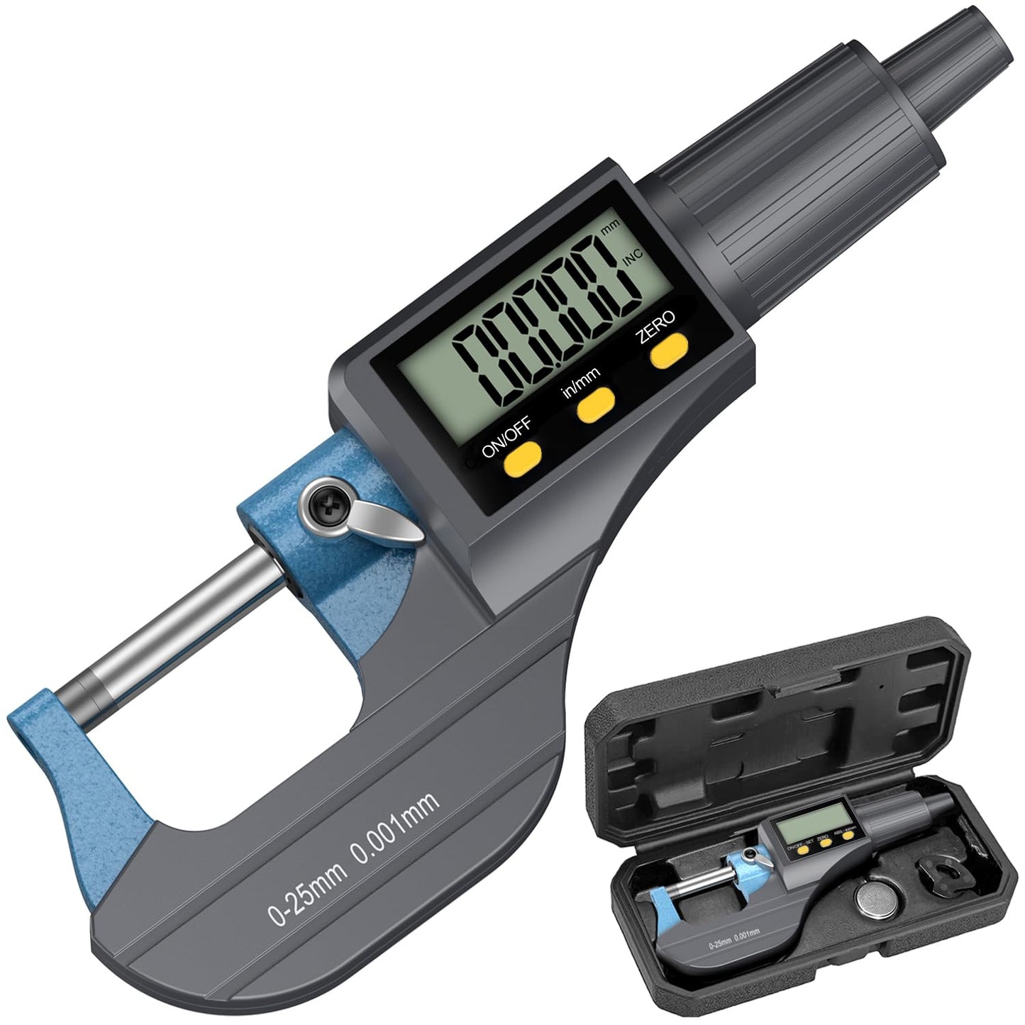 HDLKNAK Digital Outside Micrometer 0-1”, 0.00005"/0.001mm Precision(Blue) | Micrometer Precision Carbide Tipped Measuring Tool, Inch/Metric Dual Reading, Machinist Thickness Gauge with Large LCD