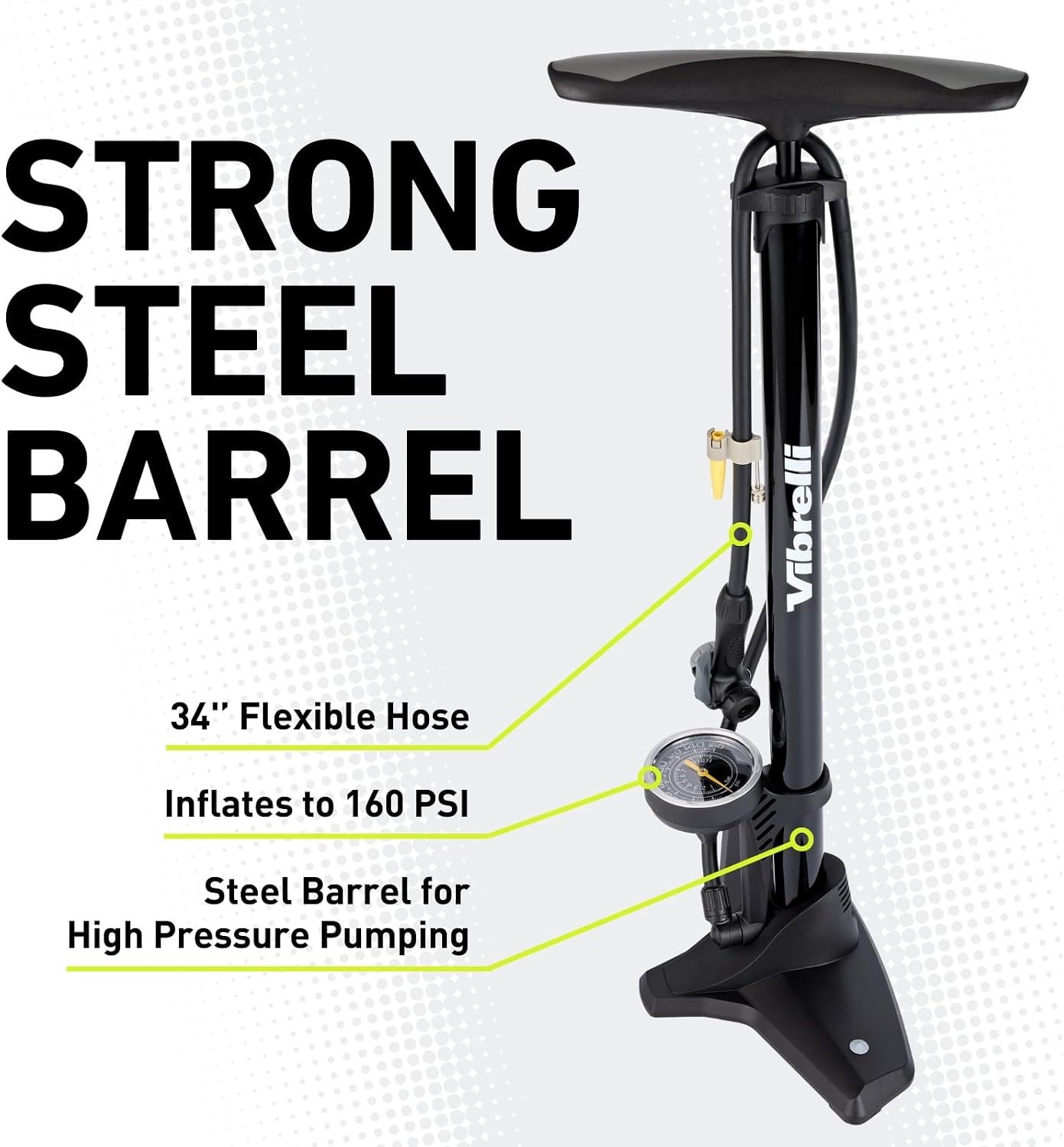 Vibrelli Vibrelli Bike Floor Pump with Gauge - High Pressure 160 PSI - Presta Valve Bike Pump Automatically Switches to Schrader - Bicycle Pump Comes with Glueless Puncture Kit