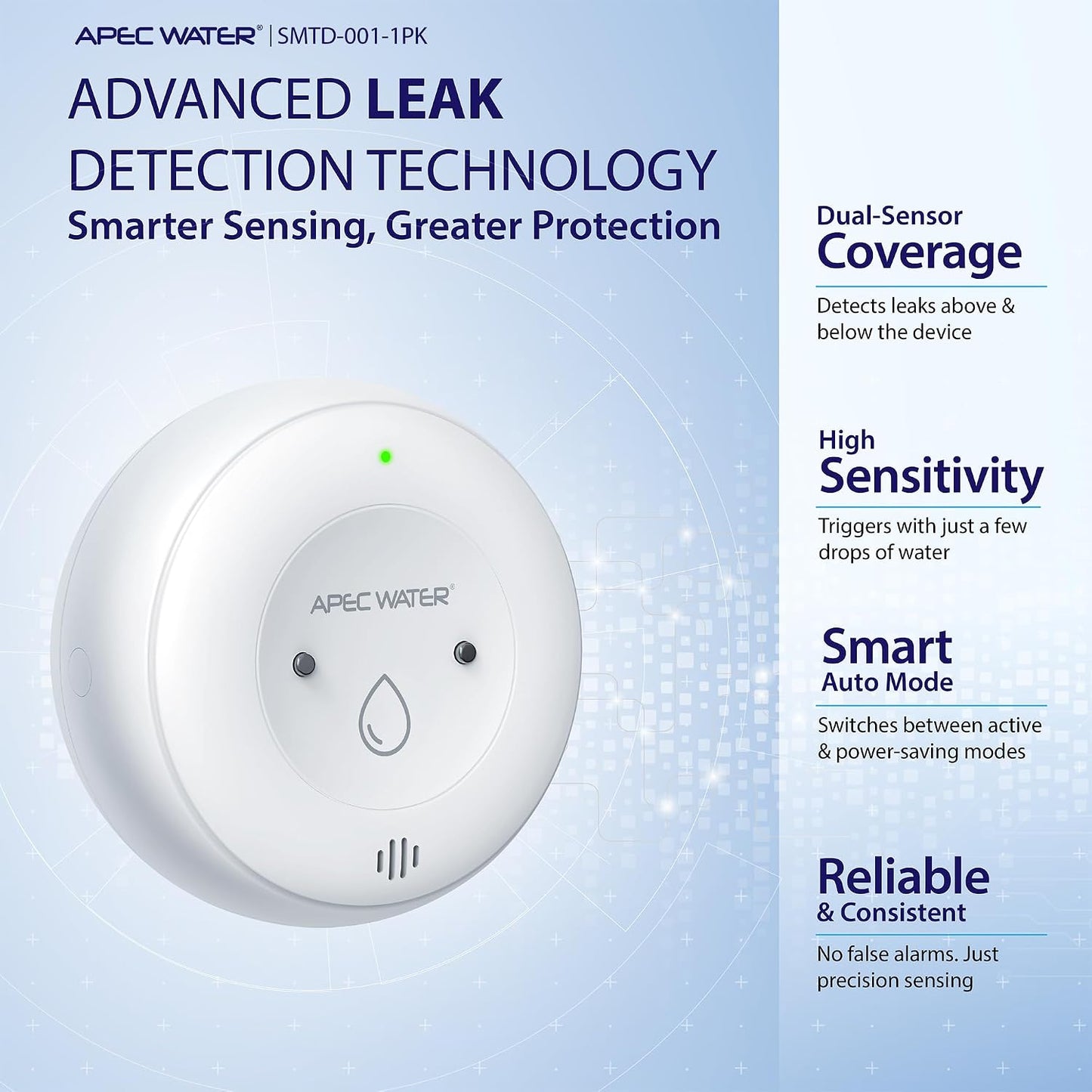 APEC Water WiFi Water Leak Detector, Dual Sensor, Pack of 1 | App Connected for Real-Time Alerts, Seamless Smartphone Integration, Trusted Reliability, White Color Housing