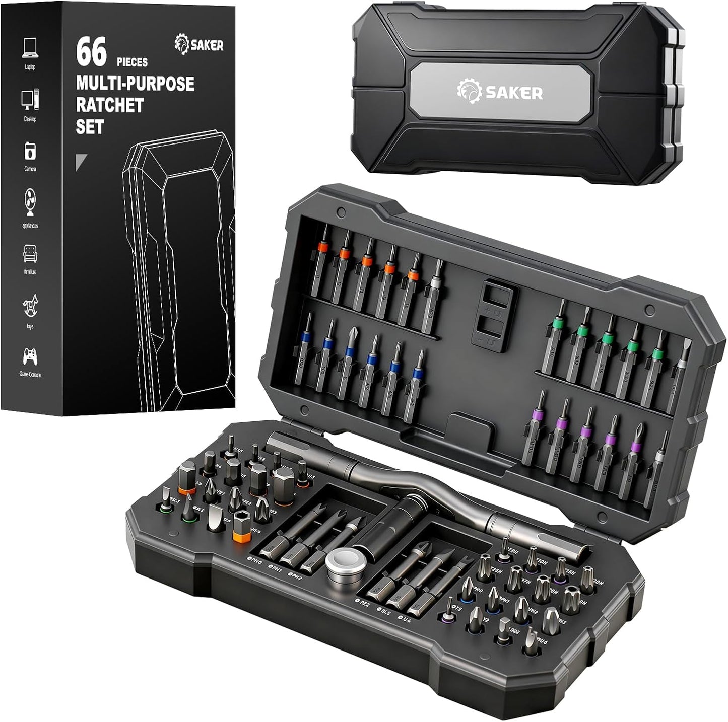 Saker 66 in 1 Magnetic Screwdriver Set Portable Multi Bit Ratcheting Kit with Detachable Handle for Dad Gifts Home Electronics, Computer, Furniture, Bike, DIY