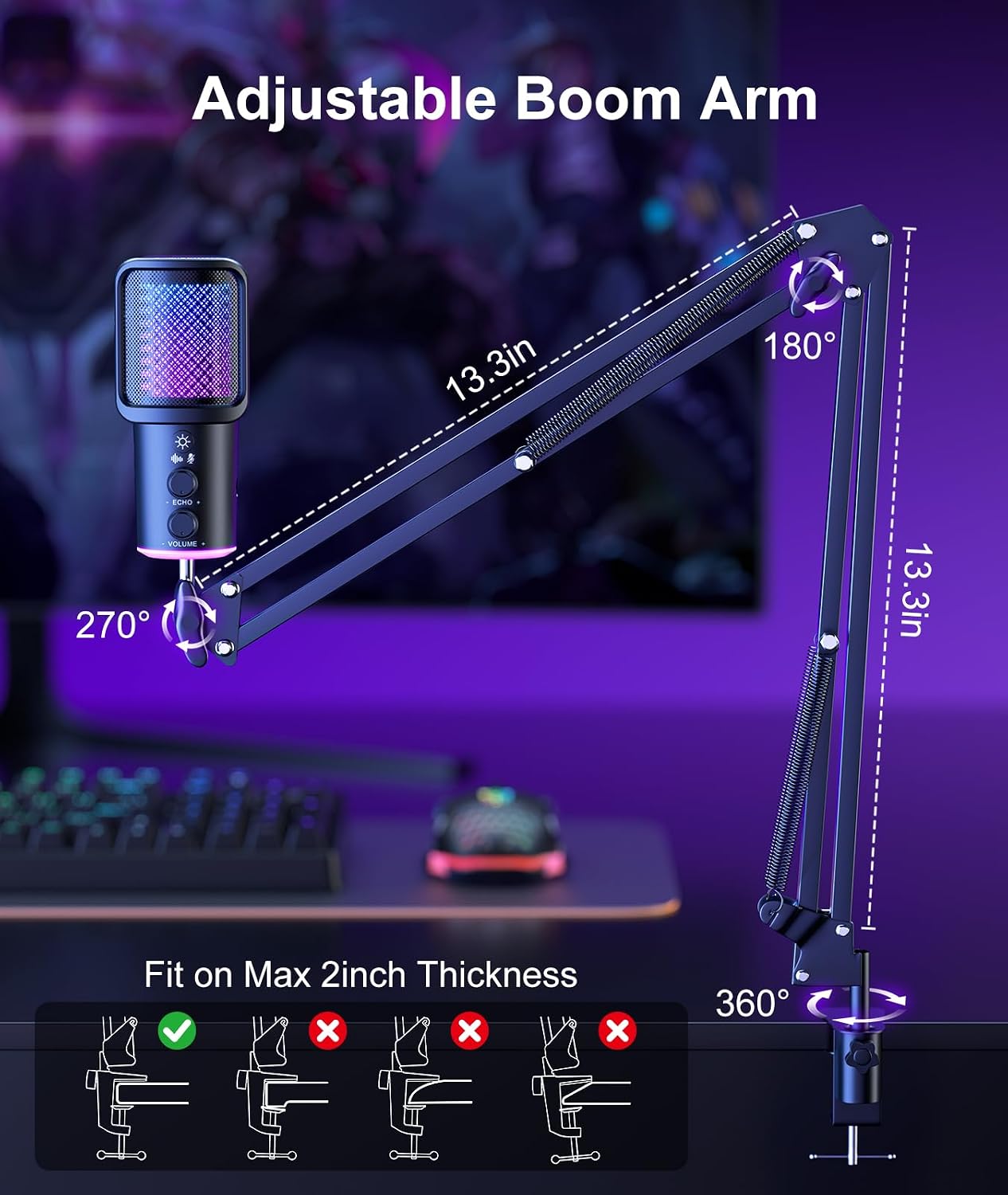 Gaming USB Microphone, Noise Cancellation Condenser Mic with Mute,Boom Arm Mic-Reverb Adjustment, Monitoring for Streaming, Podcasting, Discord, YouTube,PC, Computer, PS4, PS5, Mac