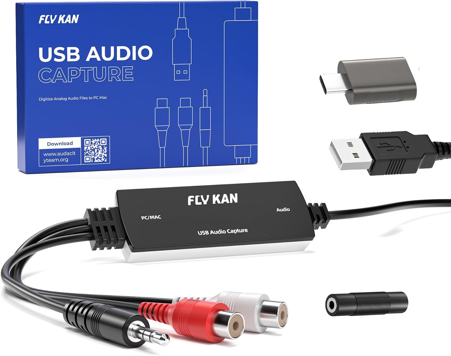 USB 2.0 Audio Grabber with USB-C Adapter – Analog to Digital Converter, Dual RCA/3.5mm Inputs, Vinyl/Cassette to MP3 USB Capture Card for PC/Mac/Linux