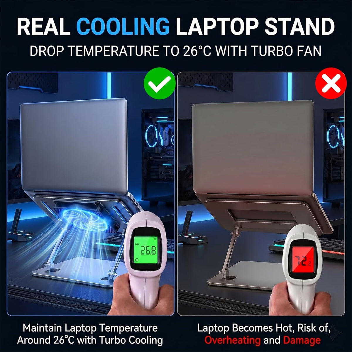 Laptop Cooling Stand with 12cm Turbo Fan, Ergonomic Dual-Axis Laptop Riser with 30cm Height Adjustment & 180° Rotation, 20KG Bearing Desk Stand for 11"-17" Laptops, Tablets, Gaming & Work (Silver)