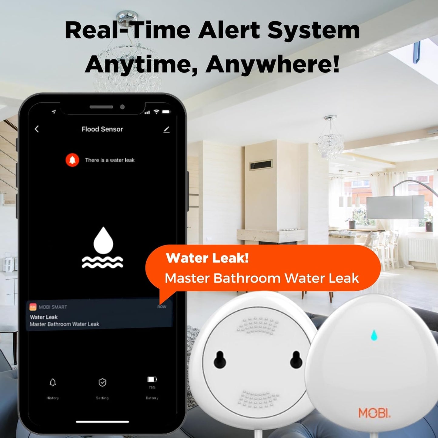 MOBI Smart WiFi Water Leak Detector Sensor (2 Pack), App Alerts, Flood & Leak Alarm, 48” Extension Probe, No Hub Required, 24/7 Monitoring for Basement, Kitchen, Bathroom