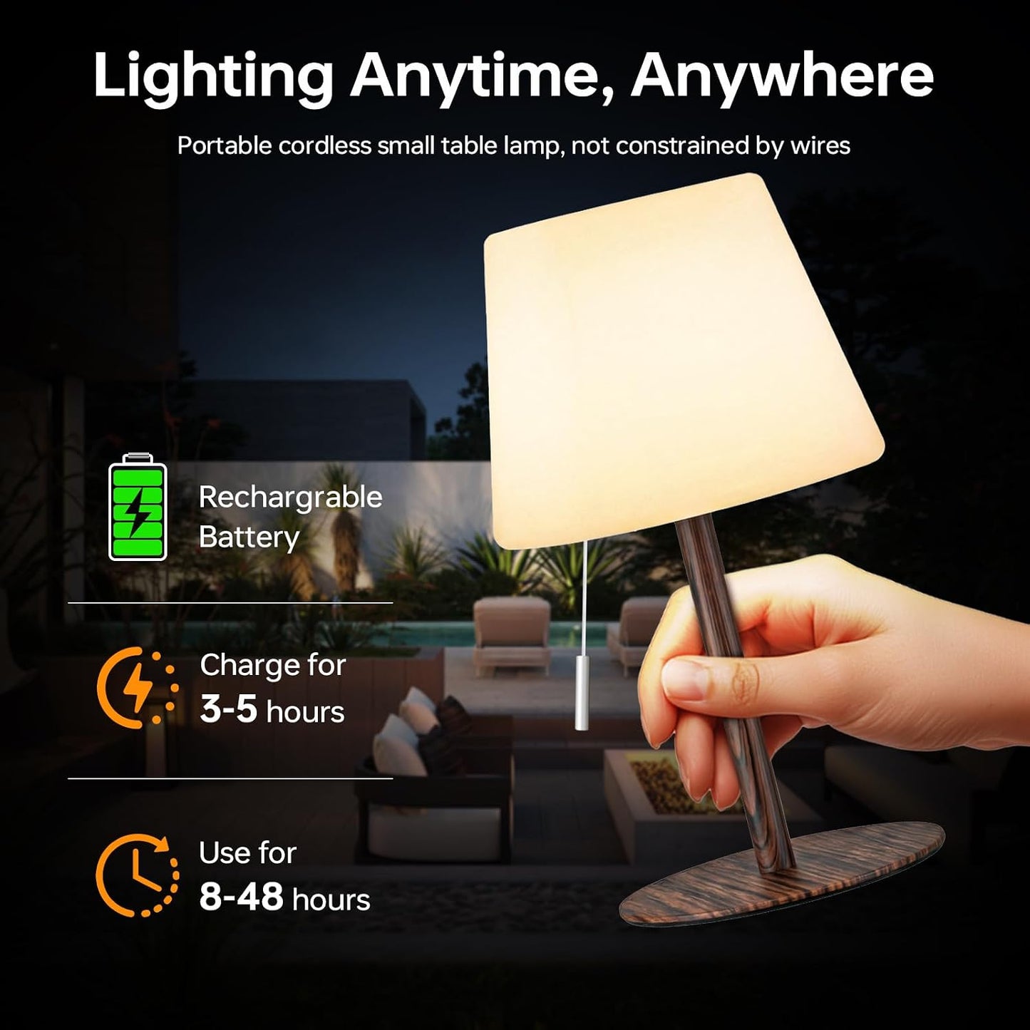 Gewiny Solar Table Lamp for Outside Patio Solar Lamp Outdoor Lamp Waterproof with Light Sensor,Dimmable Warm White+RGB LED Rechargeable Lamps Cordless Battery Operated Table Lamp（Wood Grain）