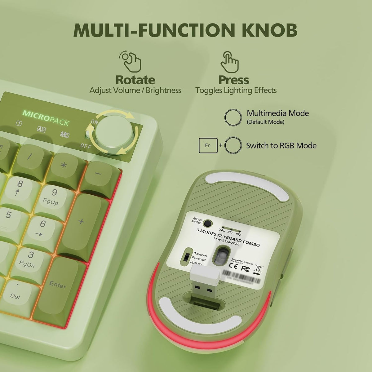 Wireless Keyboard and Mouse Combo Creamy with Number Pad for Desktop Mac iPad Bluetooth/2.4ghz/Wired Rechargeable Light up RGB Quiet Compatible with PC Laptop Tablet (Green)