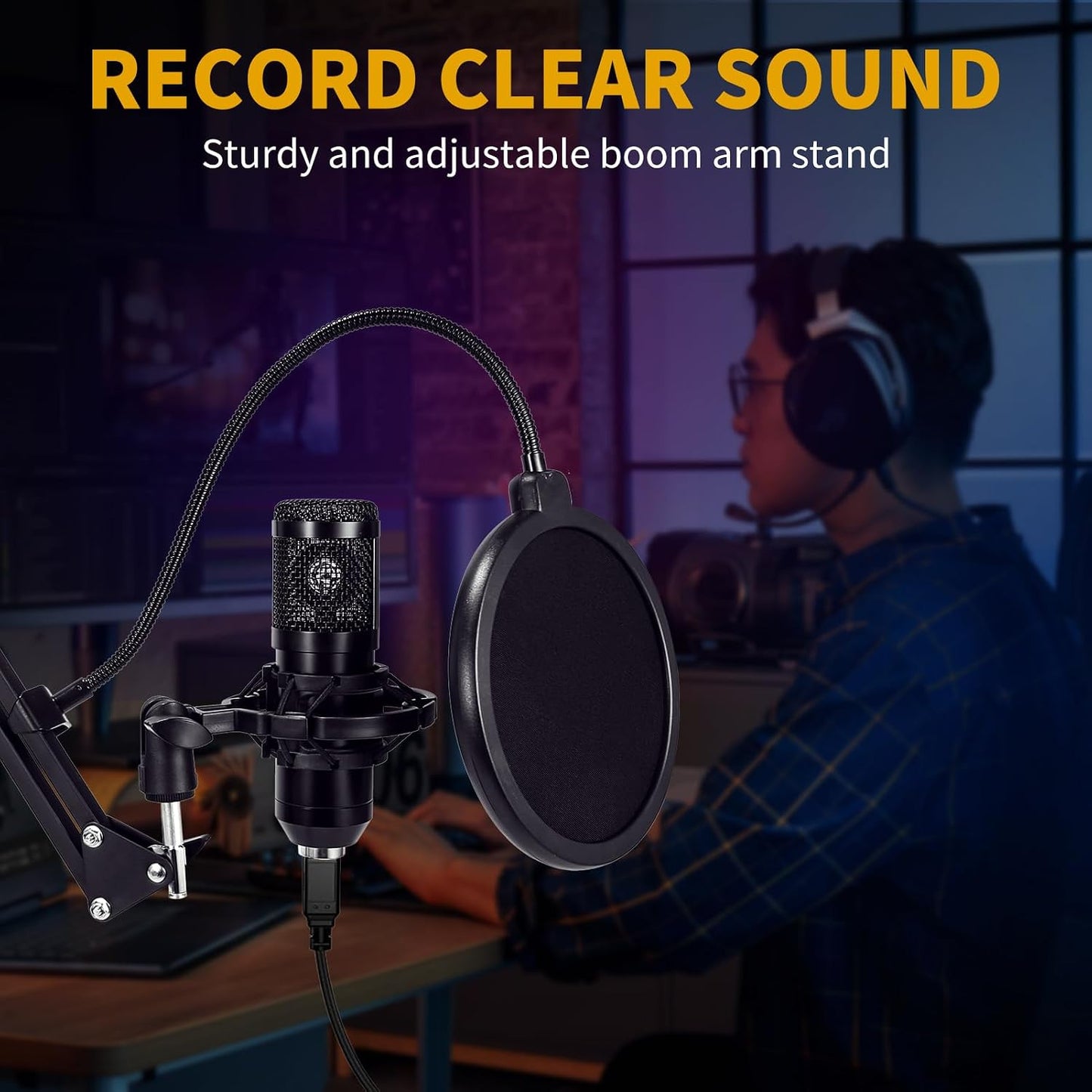 AMOOX Condenser Microphone,Professional USB Microphone Plug & Play PC Computer Microphone Condenser Cardioid Mic Kit with Adjustable Boom Arm Stand Shock Mount,for Podcast,Streaming,YouTube，Tiktok